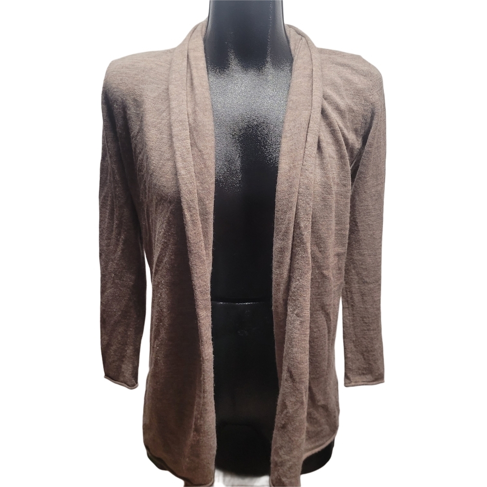 Ellen Tracy Tan 100% Merino Wool Open Front Cardigan Size S